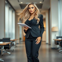A full-length photographic image of a beautiful 18-year-old woman with a sweet, thin face and flowing blond hair