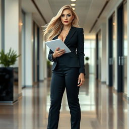 A full-length photographic image of a beautiful 18-year-old woman with a sweet, thin face and flowing blond hair