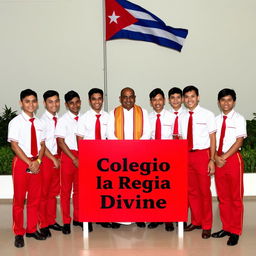 A group of adolescent male students in uniforms consisting of red pants, short-sleeve white shirts, red ties, and black shoes, posing for a graduation photo