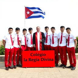 A group of adolescent male students in uniforms consisting of red pants, short-sleeve white shirts, red ties, and black shoes, posing for a graduation photo