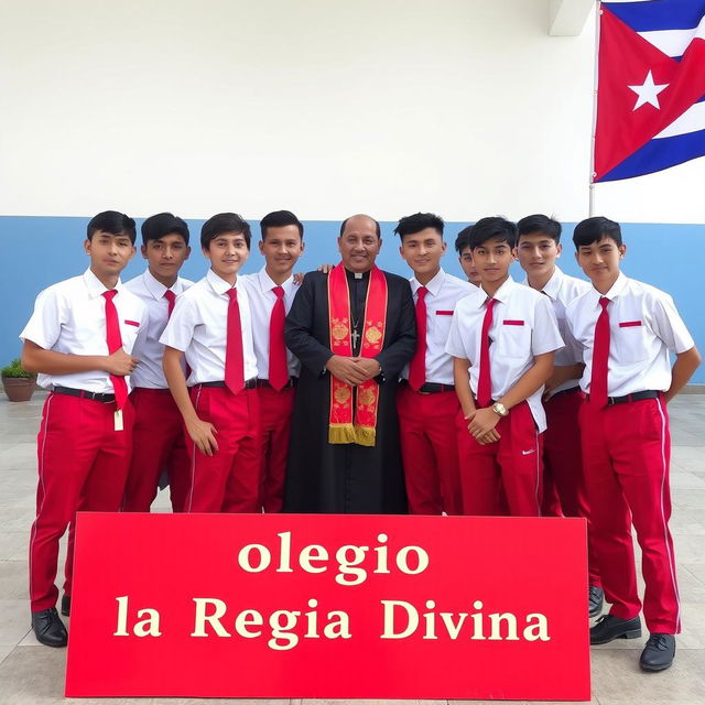 A group of adolescent male students in uniforms consisting of red pants, short-sleeve white shirts, red ties, and black shoes, posing for a graduation photo