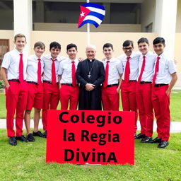 A group of adolescent male students in uniforms consisting of red pants, short-sleeve white shirts, red ties, and black shoes, posing for a graduation photo