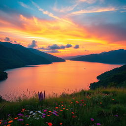 A breathtaking landscape of nature, featuring a vibrant sunset over a serene lake, surrounded by lush green mountains