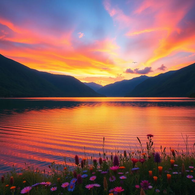 A breathtaking landscape of nature, featuring a vibrant sunset over a serene lake, surrounded by lush green mountains