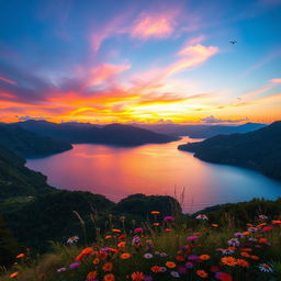 A breathtaking landscape of nature, featuring a vibrant sunset over a serene lake, surrounded by lush green mountains