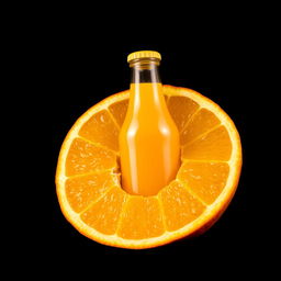 A cross-section of an orange fruit revealing a bottle of orange juice nestled within its segments, all set against a striking black background to highlight the vibrant colors