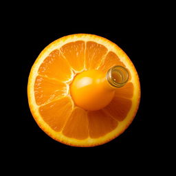 A cross-section of an orange fruit revealing a bottle of orange juice nestled within its segments, all set against a striking black background to highlight the vibrant colors