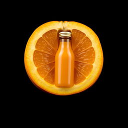 A cross-section of an orange fruit revealing a bottle of orange juice nestled within its segments, all set against a striking black background to highlight the vibrant colors