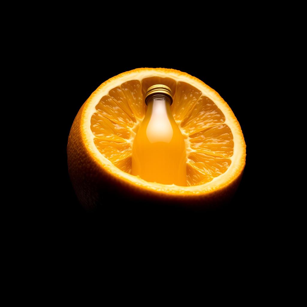 A cross-section of an orange fruit revealing a bottle of orange juice nestled within its segments, all set against a striking black background to highlight the vibrant colors
