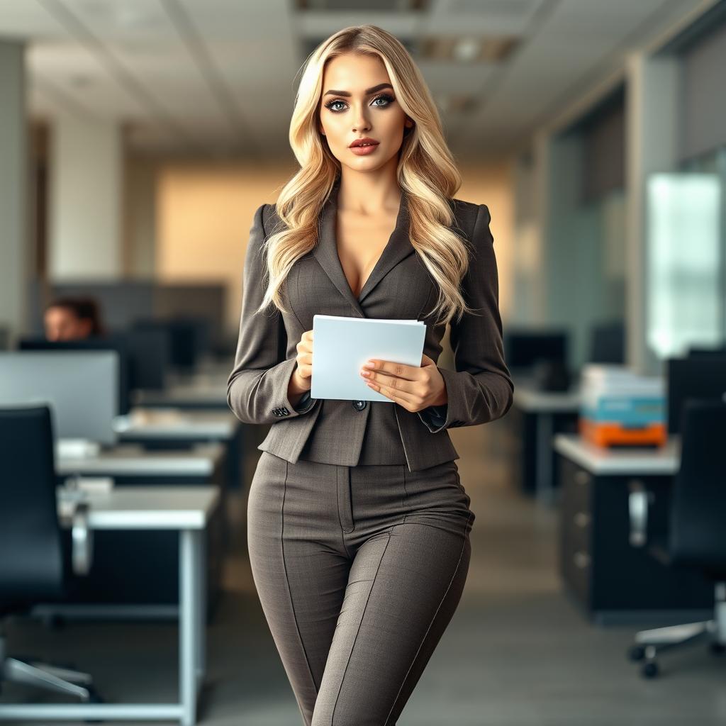 A full-length photographic image of a stunning 18-year-old woman with a sweet, thin face and beautiful blond hair