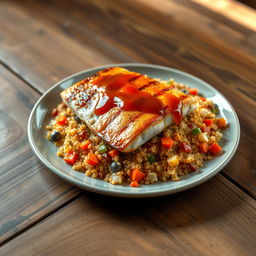 A realistic plate of quinoa mixed and cooked with vibrant, colorful vegetables like carrots, cabbage, and bell peppers, bathed in a rich tomato sauce