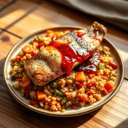 A realistic plate of quinoa mixed and cooked with vibrant, colorful vegetables like carrots, cabbage, and bell peppers, bathed in a rich tomato sauce