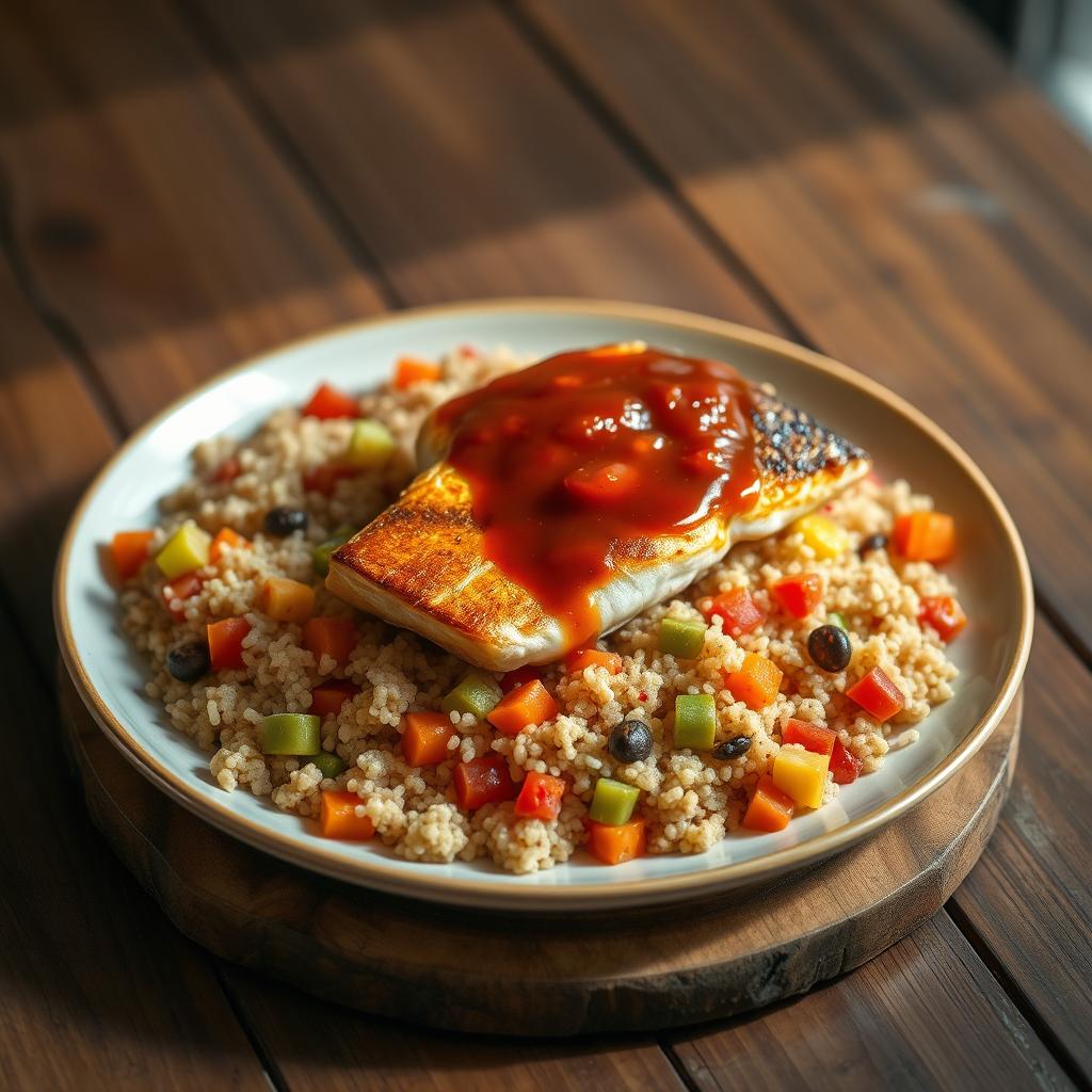 A realistic plate of quinoa mixed and cooked with vibrant, colorful vegetables like carrots, cabbage, and bell peppers, bathed in a rich tomato sauce