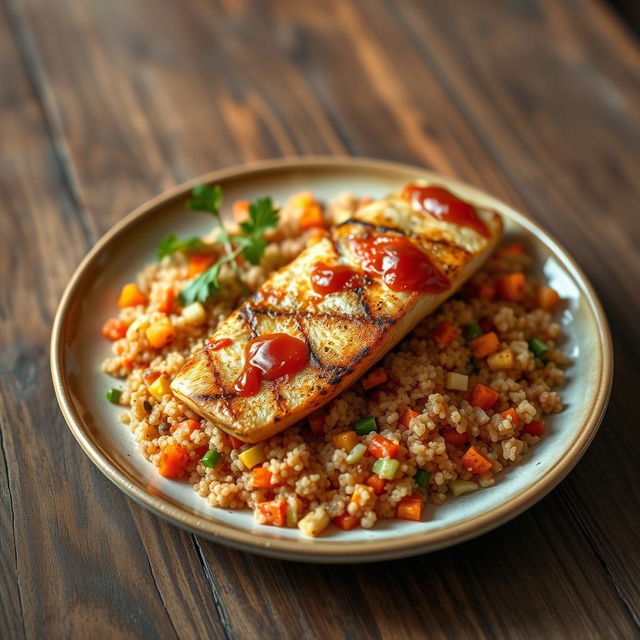 A realistic plate of quinoa mixed and cooked with vibrant, colorful vegetables like carrots, cabbage, and bell peppers, bathed in a rich tomato sauce