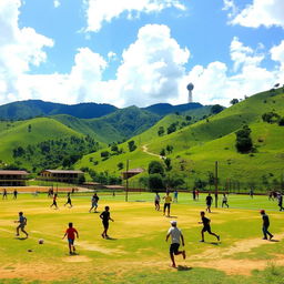 A scenic playground situated in hilly terrain, featuring a cricket field, volleyball court, and a football pitch