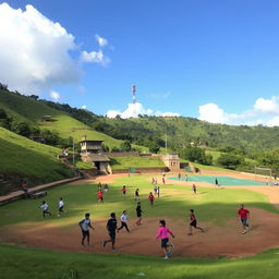 A scenic playground situated in hilly terrain, featuring a cricket field, volleyball court, and a football pitch