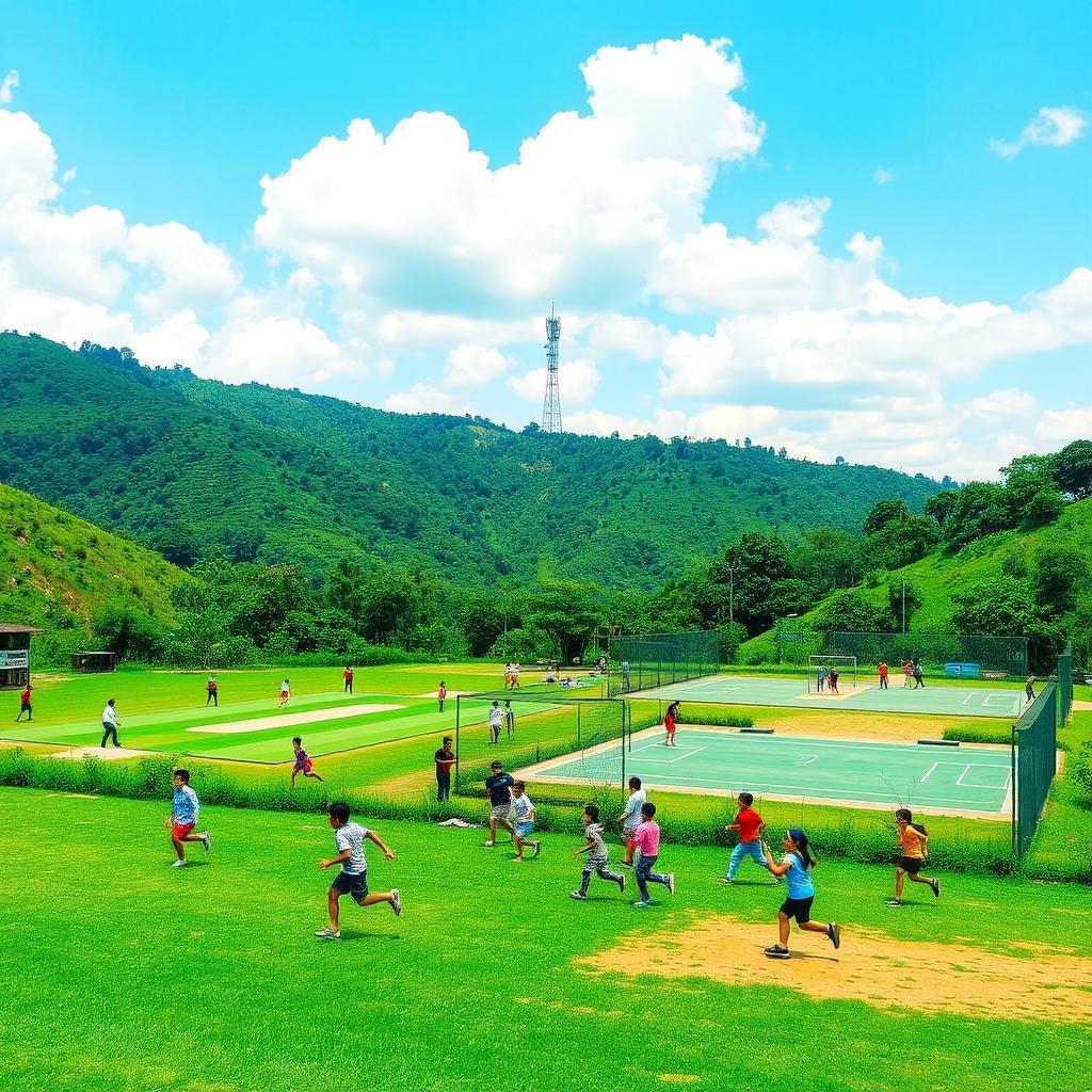 A scenic playground situated in hilly terrain, featuring a cricket field, volleyball court, and a football pitch