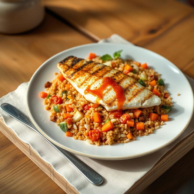 A realistic plate filled with quinoa mixed and cooked with colorful vegetables like carrots, cabbage, and peppers, all beautifully combined with a rich tomato sauce