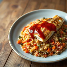 A realistic plate filled with quinoa mixed and cooked with colorful vegetables like carrots, cabbage, and peppers, all beautifully combined with a rich tomato sauce
