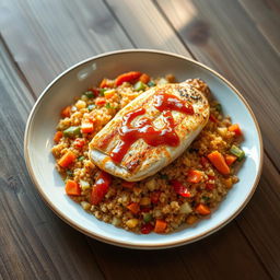 A realistic plate filled with quinoa mixed and cooked with colorful vegetables like carrots, cabbage, and peppers, all beautifully combined with a rich tomato sauce