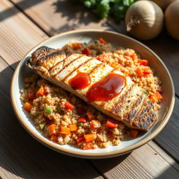 A realistic plate filled with quinoa mixed and cooked with colorful vegetables like carrots, cabbage, and peppers, all beautifully combined with a rich tomato sauce