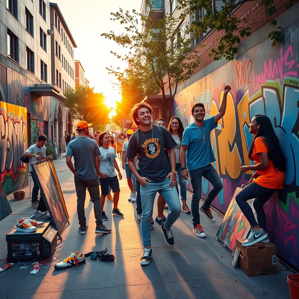 A dynamic and vibrant depiction of a lively canbin crew at work in a modern urban setting