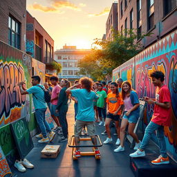 A dynamic and vibrant depiction of a lively canbin crew at work in a modern urban setting