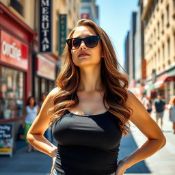A confident woman standing in a beautifully sunlit urban environment, wearing a stylish black tank top that accentuates her figure