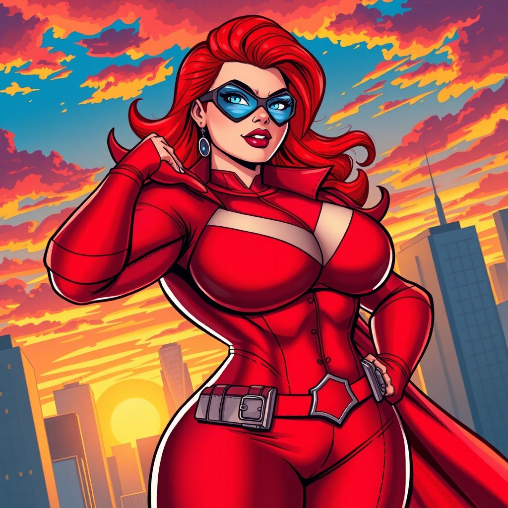 A vibrant and dynamic illustration of a plus-sized superheroine inspired by the 'Scarlet Avenger' with strong and confident features