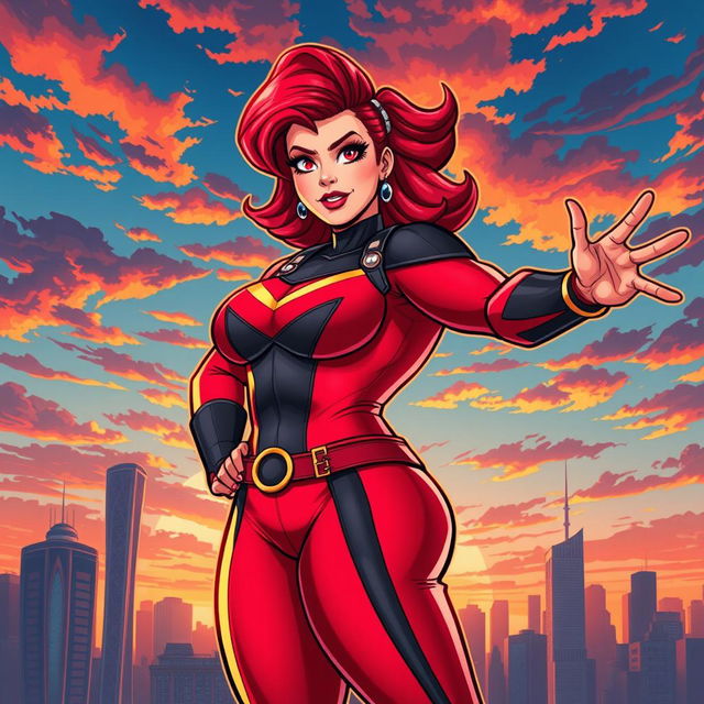 A vibrant and dynamic illustration of a plus-sized superheroine inspired by the 'Scarlet Avenger' with strong and confident features