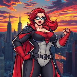 A vibrant and dynamic illustration of a plus-sized superheroine inspired by the 'Scarlet Avenger' with strong and confident features