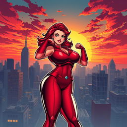 A vibrant and dynamic illustration of a plus-sized superheroine inspired by the 'Scarlet Avenger' with strong and confident features