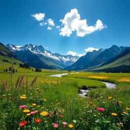 A breathtaking view of a lush green meadow filled with vibrant wildflowers under a clear blue sky
