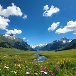 A breathtaking view of a lush green meadow filled with vibrant wildflowers under a clear blue sky