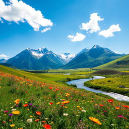 A breathtaking view of a lush green meadow filled with vibrant wildflowers under a clear blue sky