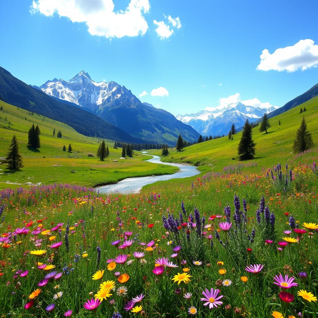 A breathtaking view of a lush green meadow filled with vibrant wildflowers under a clear blue sky