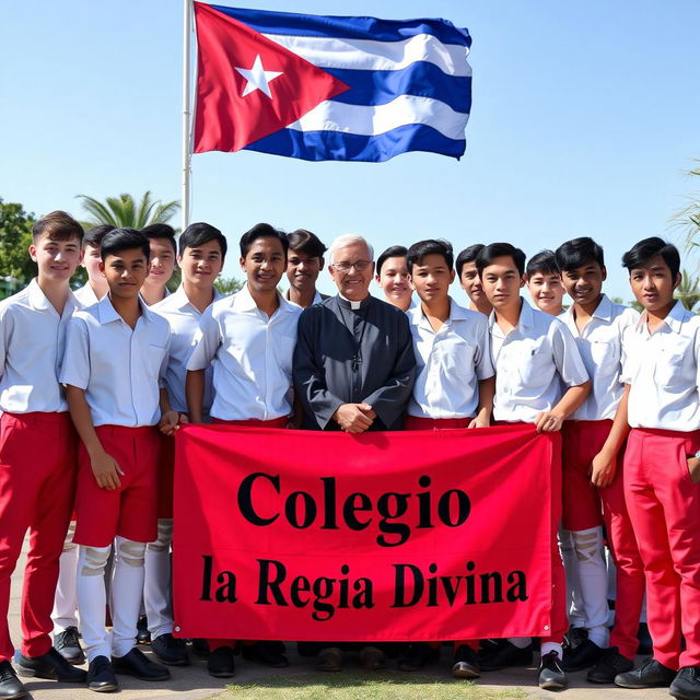 A diverse group of adolescent male students, with a mix of white and one Black student, all dressed in uniforms consisting of red pants and black shoes