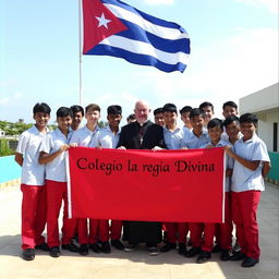 A diverse group of adolescent male students, with a mix of white and one Black student, all dressed in uniforms consisting of red pants and black shoes