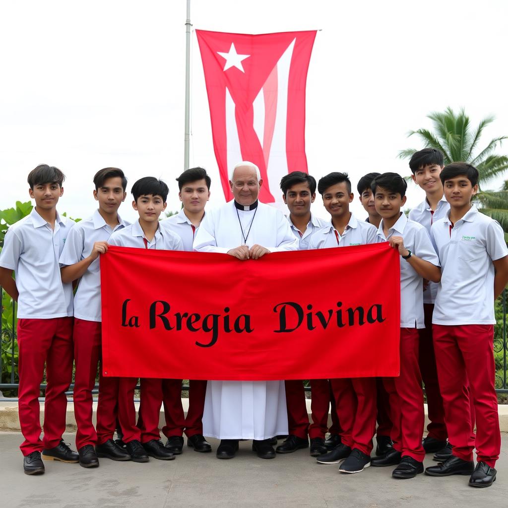 A diverse group of adolescent male students, with a mix of white and one Black student, all dressed in uniforms consisting of red pants and black shoes