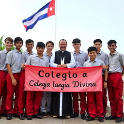 A diverse group of adolescent male students, with a mix of white and one Black student, all dressed in uniforms consisting of red pants and black shoes
