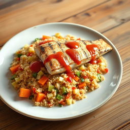 A realistic plate of quinoa mixed and cooked together with vibrant cooked vegetables like carrots, cabbage, and peppers, drizzled with tomato sauce