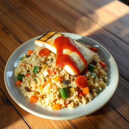 A realistic plate of quinoa mixed and cooked together with vibrant cooked vegetables like carrots, cabbage, and peppers, drizzled with tomato sauce