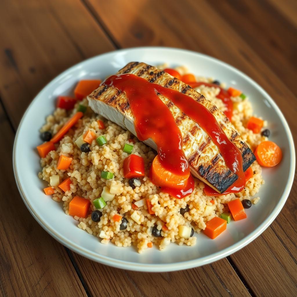 A realistic plate of quinoa mixed and cooked together with vibrant cooked vegetables like carrots, cabbage, and peppers, drizzled with tomato sauce