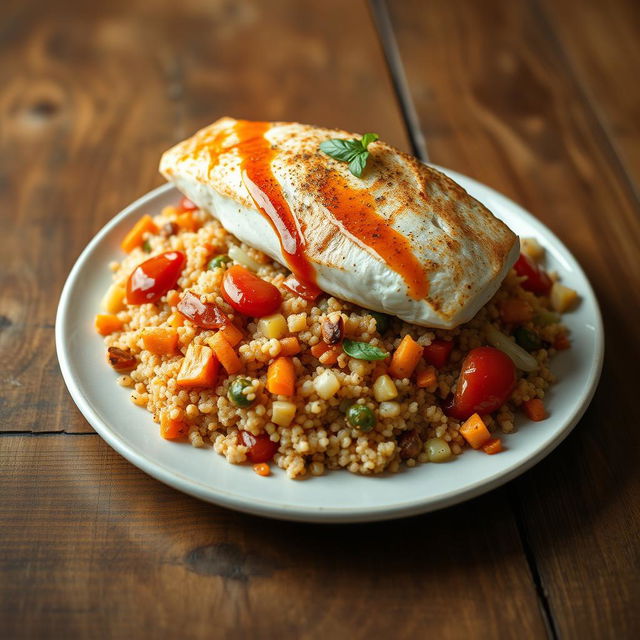 A realistic plate of quinoa mixed and cooked together with vibrant cooked vegetables like carrots, cabbage, and peppers, drizzled with tomato sauce