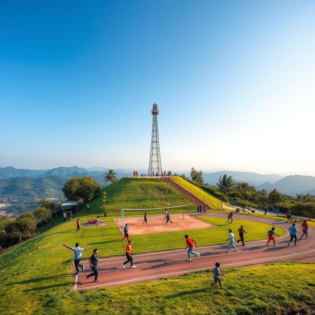 A vibrant outdoor playground situated on a scenic hill, featuring various sports activities: cricket, volleyball, and football, along with runners on a track