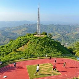 A vibrant outdoor playground situated on a scenic hill, featuring various sports activities: cricket, volleyball, and football, along with runners on a track