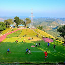 A vibrant outdoor playground situated on a scenic hill, featuring various sports activities: cricket, volleyball, and football, along with runners on a track