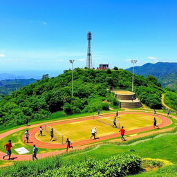 A vibrant outdoor playground situated on a scenic hill, featuring various sports activities: cricket, volleyball, and football, along with runners on a track