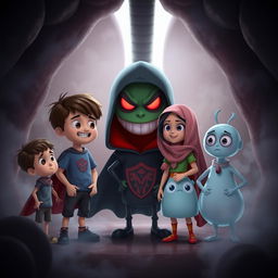 A three-dimensional animated scene depicting a dark and mysterious interior of a lung, with a villainous cartoon bacteria named 'Cell-Agha' at the center