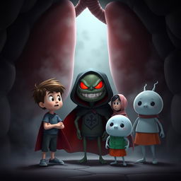 A three-dimensional animated scene depicting a dark and mysterious interior of a lung, with a villainous cartoon bacteria named 'Cell-Agha' at the center